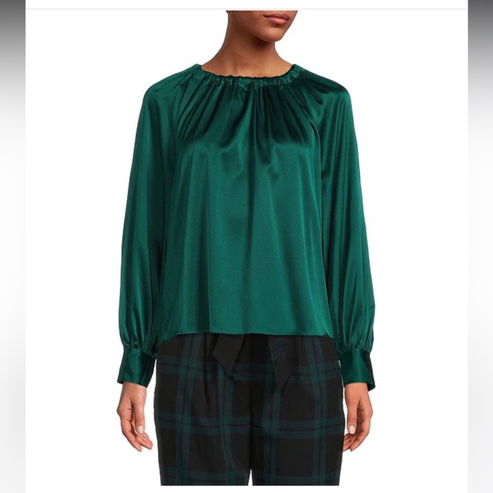NWT ANTONIO MELANI Sonja Gathered Silk Crew Neck Long Button Cuff Sleeve Blouse